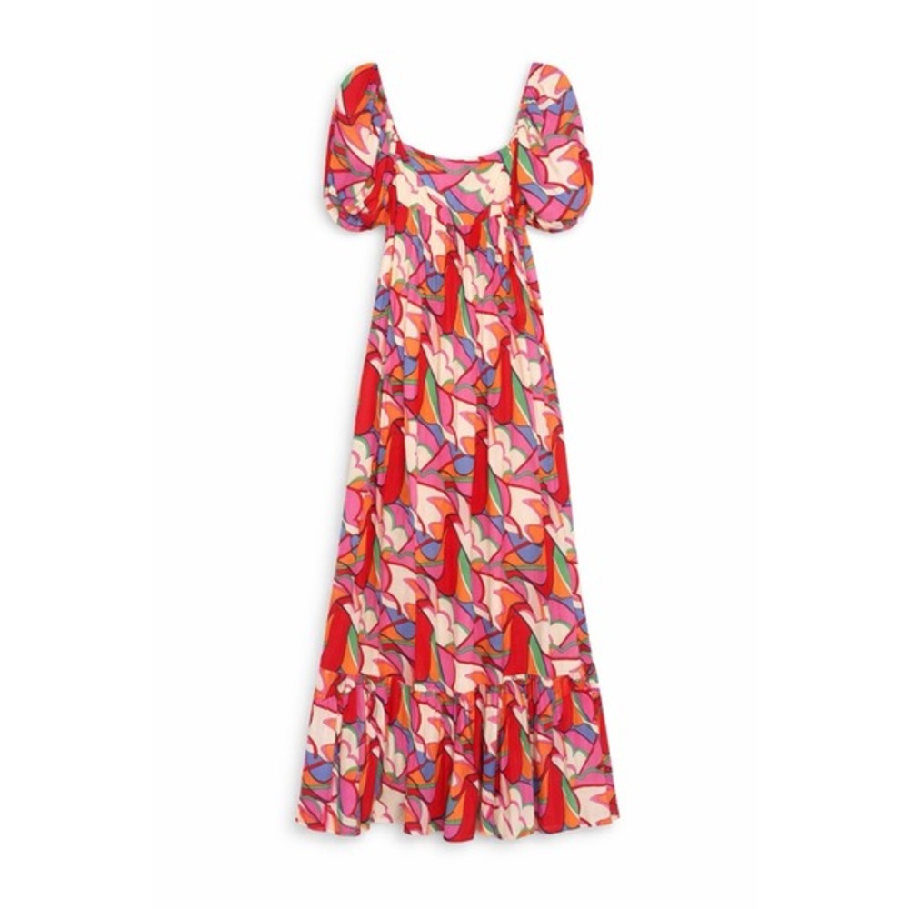 Storia Maxi Dress Medium Multicolor Floral Puff Sleeve Babydoll Tiered Boho Twee